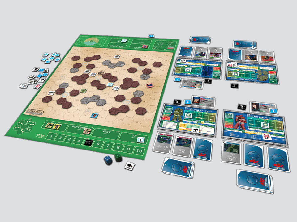 ウォーゲームの盤面及び駒とカードの一部