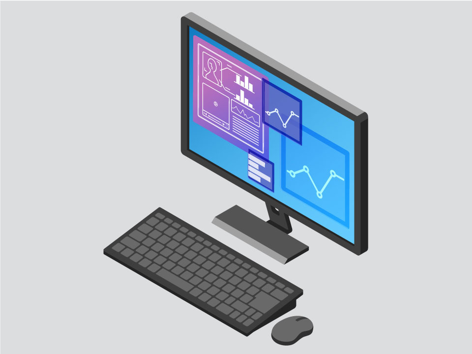 データやグラフが表示されたデスクトップPCのイメージ写真
